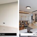 Modern living room interior design and media wall installation in Dubai